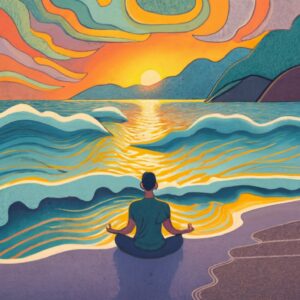 Man looking at sunset and practicing mindful meditation