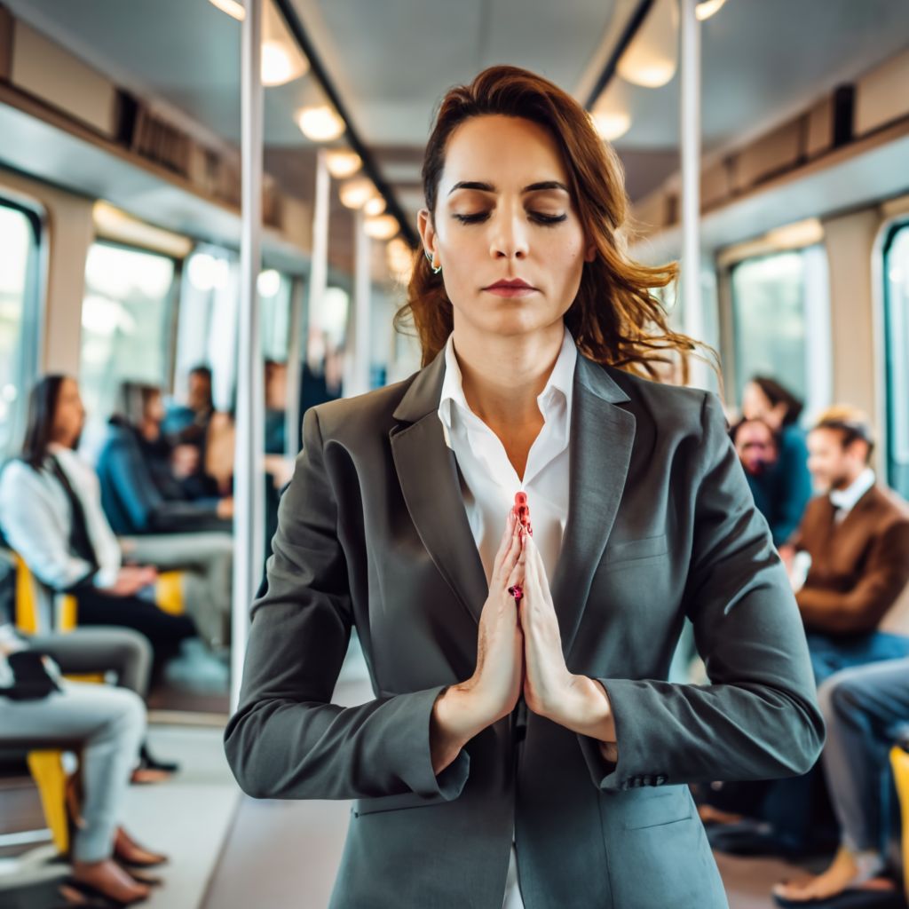 woman doing yoga on a train
